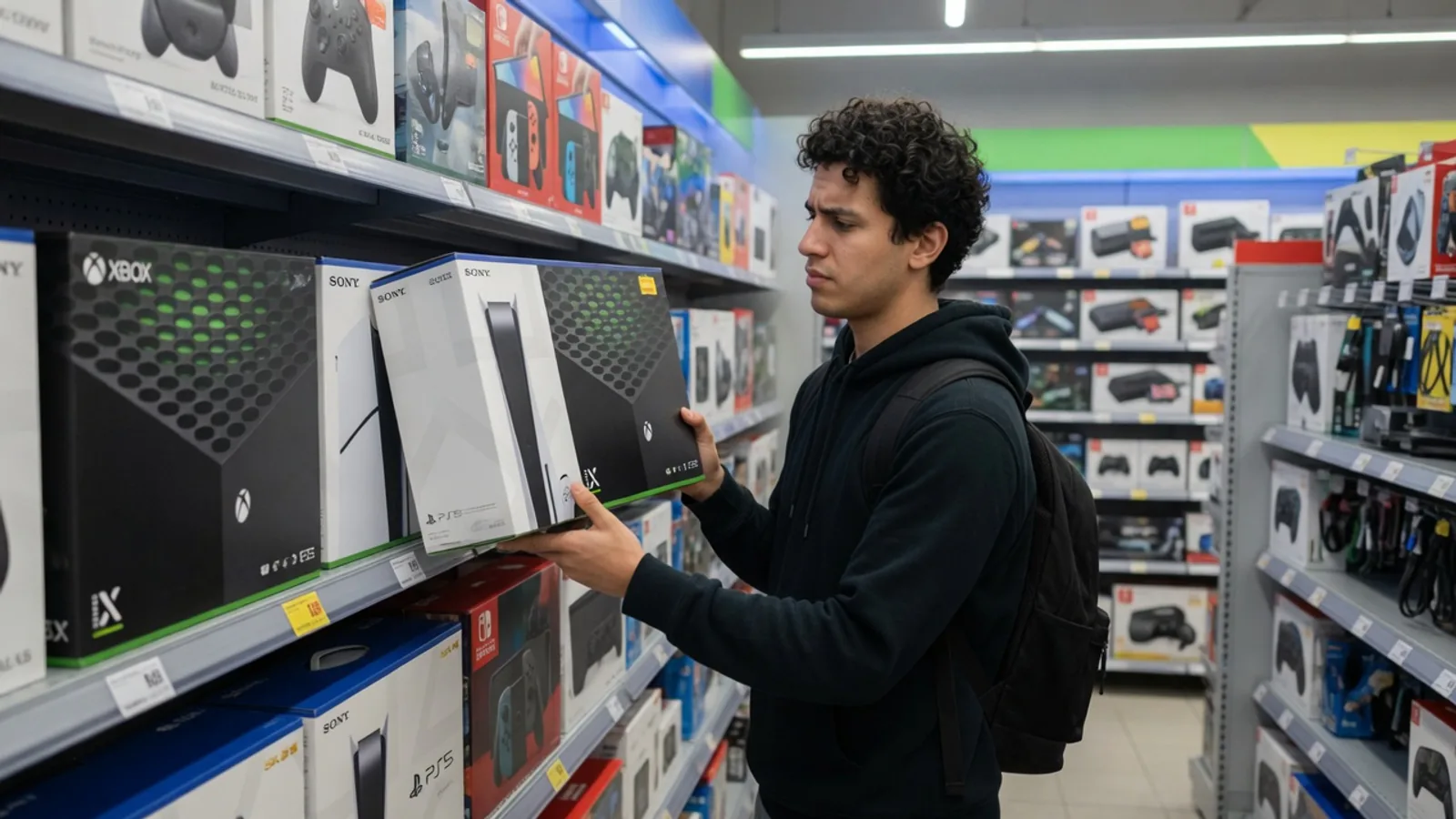 Mağaza raflarında Xbox konsollarındaki fiyat artışını gösteren bir görüntü yer alıyor.